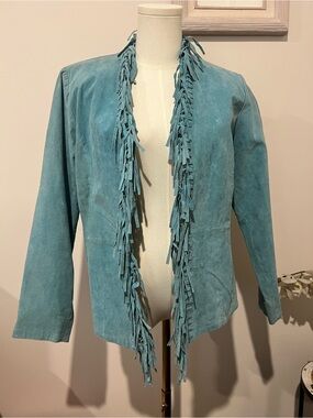 DIALOGUE teal l genuine suede fringe jacket/blazer - Size XS/SM